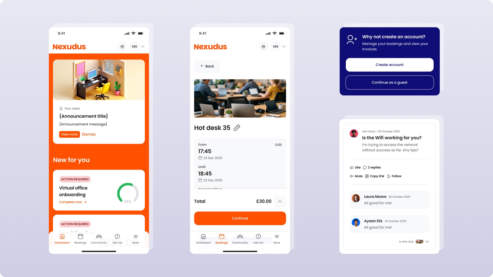 Mobile app foundations: dashboard, checkout, guest account prompt and community discussion screens